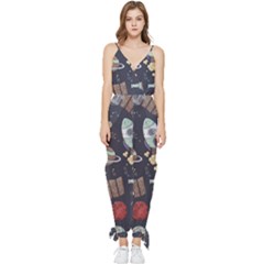 Hand-drawn-pattern-space-elements-collection Sleeveless Tie Ankle Chiffon Jumpsuit