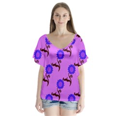 Illustration Flower Floral Design Pattern V-neck Flutter Sleeve Top by Ravend