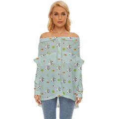 Background Pattern Panda Bamboo Off Shoulder Chiffon Pocket Shirt by Ravend