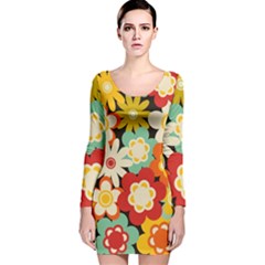 Floral Retro Vintage Blossom Long Sleeve Velvet Bodycon Dress