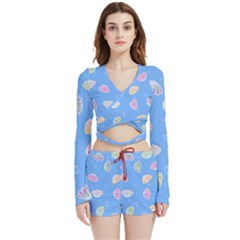 Seashell Clam Pattern Art Design Velvet Wrap Crop Top And Shorts Set by Ravend