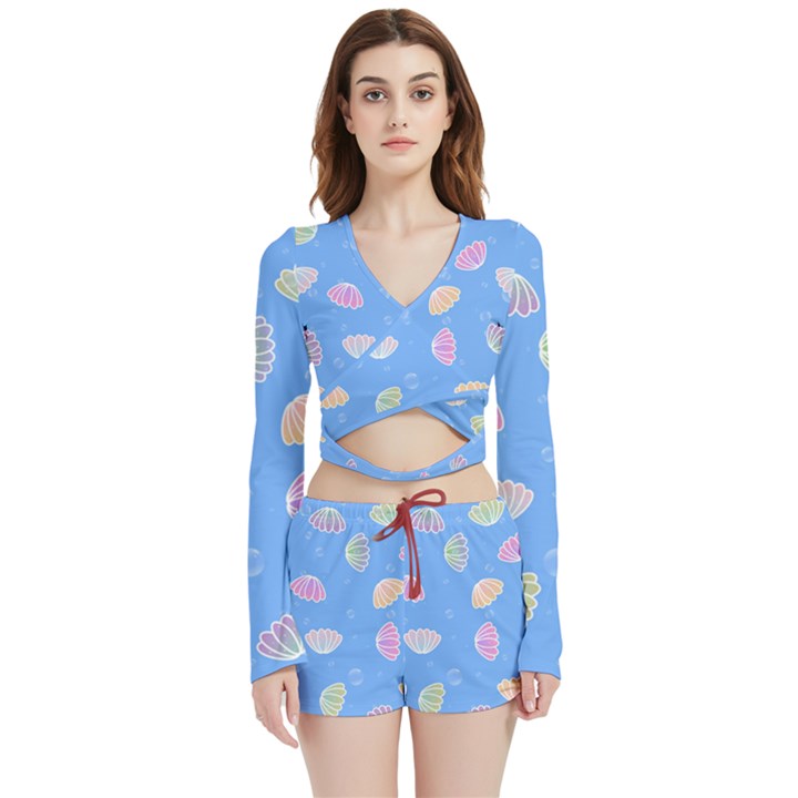 Seashell Clam Pattern Art Design Velvet Wrap Crop Top and Shorts Set