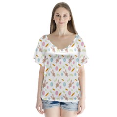 Easter Bunny Pattern Hare V-neck Flutter Sleeve Top by Ravend