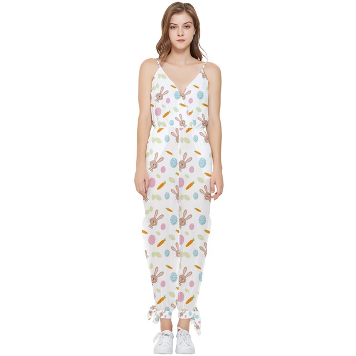 Easter Bunny Pattern Hare Sleeveless Tie Ankle Chiffon Jumpsuit