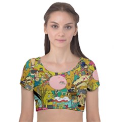 Cartoon Wallpapers Velvet Short Sleeve Crop Top 