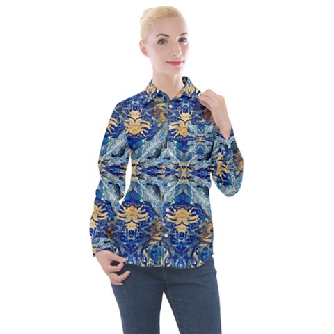 Cobalt On Gold Women s Long Sleeve Pocket Shirt by kaleidomarblingart