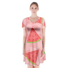 Background Watermelon Pattern Fruit Short Sleeve V-neck Flare Dress by Wegoenart