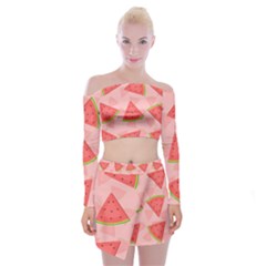 Background Watermelon Pattern Fruit Off Shoulder Top With Mini Skirt Set by Wegoenart