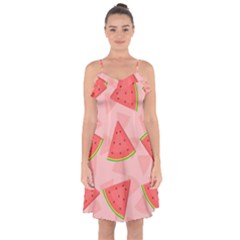 Background Watermelon Pattern Fruit Ruffle Detail Chiffon Dress by Wegoenart