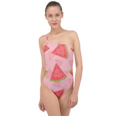 Background Watermelon Pattern Fruit Classic One Shoulder Swimsuit by Wegoenart