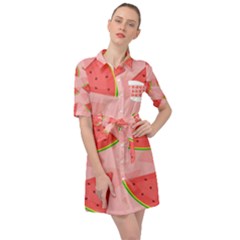 Background Watermelon Pattern Fruit Belted Shirt Dress by Wegoenart