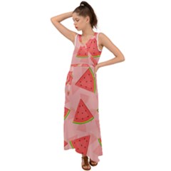 Background Watermelon Pattern Fruit V-neck Chiffon Maxi Dress by Wegoenart