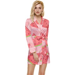 Background Watermelon Pattern Fruit Long Sleeve Satin Robe by Wegoenart