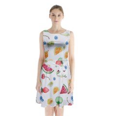 Fruit Summer Vitamin Watercolor Sleeveless Waist Tie Chiffon Dress