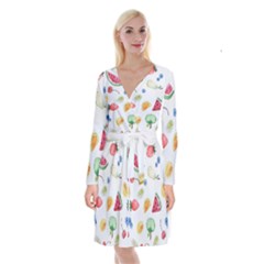 Fruit Summer Vitamin Watercolor Long Sleeve Velvet Front Wrap Dress