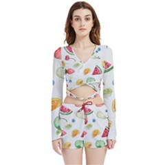 Fruit Summer Vitamin Watercolor Velvet Wrap Crop Top and Shorts Set