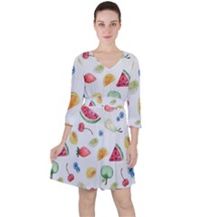 Fruit Summer Vitamin Watercolor Quarter Sleeve Ruffle Waist Dress