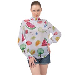 Fruit Summer Vitamin Watercolor High Neck Long Sleeve Chiffon Top