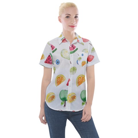 Fruit Summer Vitamin Watercolor Women s Short Sleeve Pocket Shirt by Wegoenart