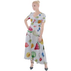 Fruit Summer Vitamin Watercolor Button Up Short Sleeve Maxi Dress