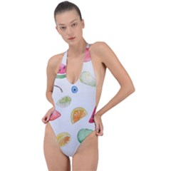 Fruit Summer Vitamin Watercolor Backless Halter One Piece Swimsuit