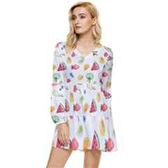 Fruit Summer Vitamin Watercolor Tiered Long Sleeve Mini Dress