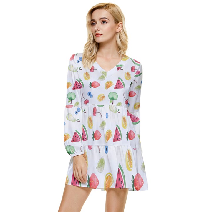 Fruit Summer Vitamin Watercolor Tiered Long Sleeve Mini Dress