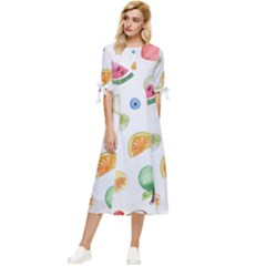 Fruit Summer Vitamin Watercolor Bow Sleeve Chiffon Midi Dress