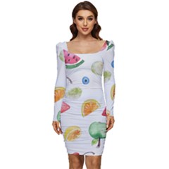 Fruit Summer Vitamin Watercolor Women Long Sleeve Ruched Stretch Jersey Dress by Wegoenart