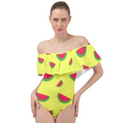 Watermelon Pattern Wallpaper Off Shoulder Velour Bodysuit  by Wegoenart