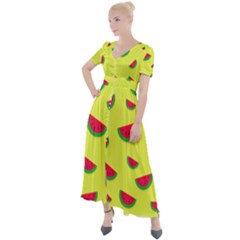 Watermelon Pattern Wallpaper Button Up Short Sleeve Maxi Dress by Wegoenart