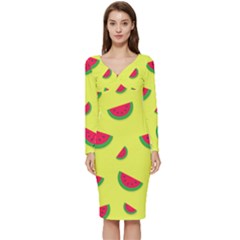 Watermelon Pattern Wallpaper Long Sleeve V-neck Bodycon Dress  by Wegoenart