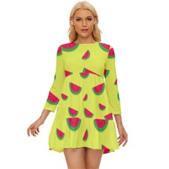 Watermelon Pattern Wallpaper Long Sleeve Babydoll Dress by Wegoenart