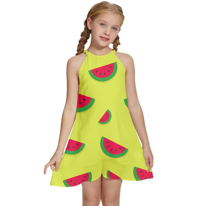 Watermelon Pattern Wallpaper Kids  Halter Collar Waist Tie Chiffon Dress