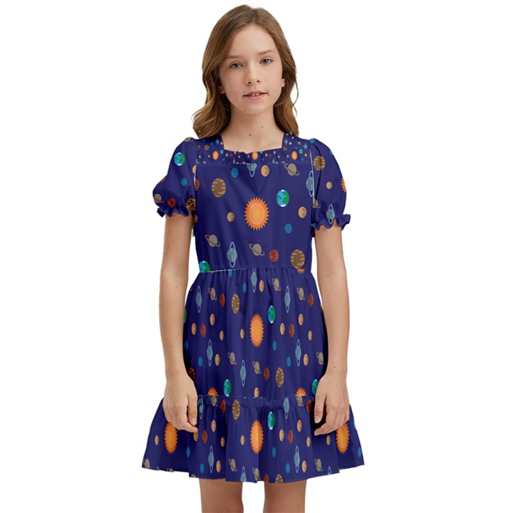 Space Sun Mercury Venus Earth Planet Galaxy Kids  Puff Sleeved Dress