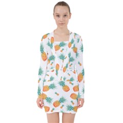 Pineapple Background Pattern Fruit V-neck Bodycon Long Sleeve Dress by Wegoenart