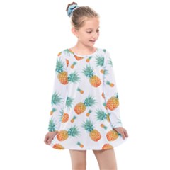 Pineapple Background Pattern Fruit Kids  Long Sleeve Dress by Wegoenart