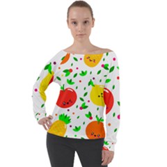 Pattern Fruit Fruits Orange Green Off Shoulder Long Sleeve Velour Top by Wegoenart