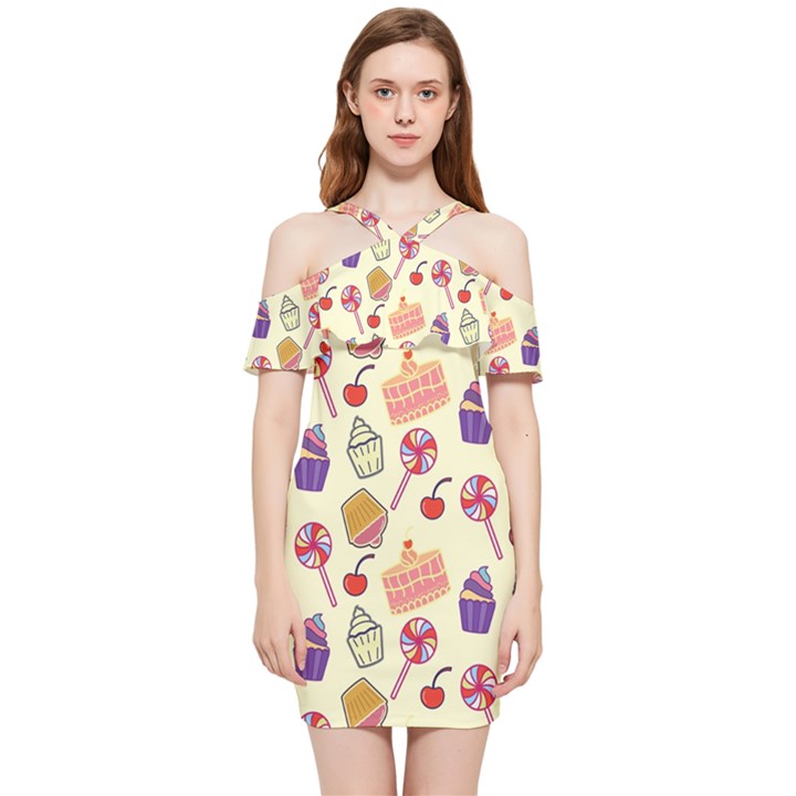 Cupcake Pattern Lollipop Shoulder Frill Bodycon Summer Dress