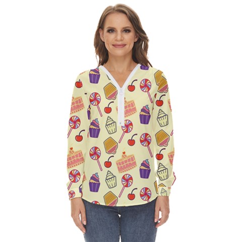 Cupcake Pattern Lollipop Zip Up Long Sleeve Blouse by Wegoenart