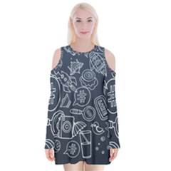 Internet Planet Drink Computer Velvet Long Sleeve Shoulder Cutout Dress by Wegoenart