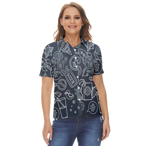 Internet Planet Drink Computer Women s Short Sleeve Double Pocket Shirt by Wegoenart