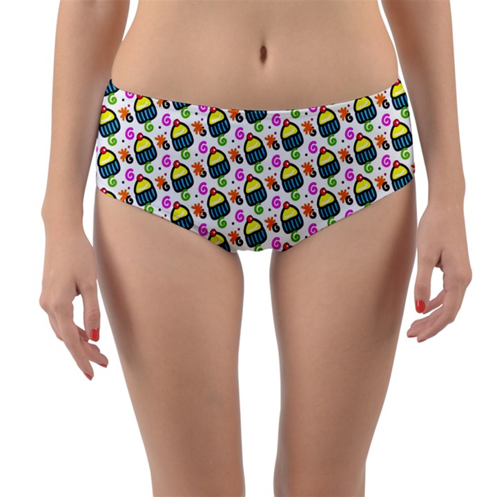 Sweet Dessert Food Cake Pattern Reversible Mid-Waist Bikini Bottoms