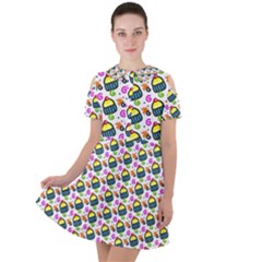 Sweet Dessert Food Cake Pattern Short Sleeve Shoulder Cut Out Dress 