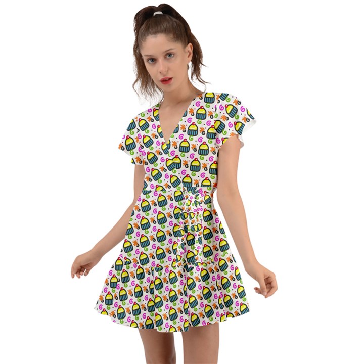 Sweet Dessert Food Cake Pattern Flutter Sleeve Wrap Dress