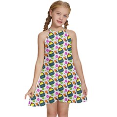 Sweet Dessert Food Cake Pattern Kids  Halter Collar Waist Tie Chiffon Dress