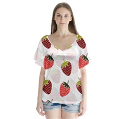 Strawberry Pattern Background V-neck Flutter Sleeve Top by Wegoenart