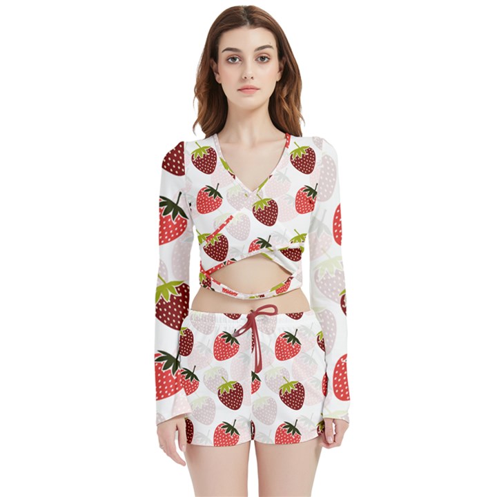 Strawberry Pattern Background Velvet Wrap Crop Top and Shorts Set