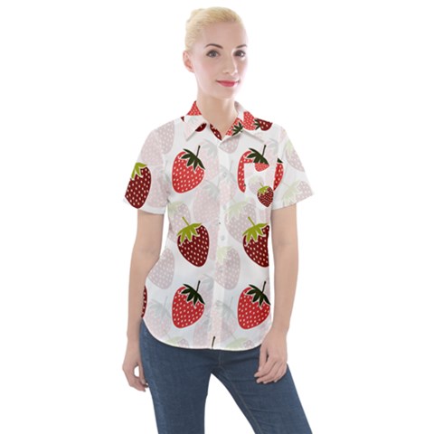 Strawberry Pattern Background Women s Short Sleeve Pocket Shirt by Wegoenart