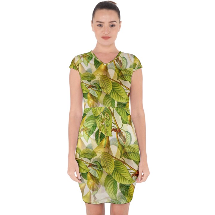 Pear Fruit Tree Organic Pattern Capsleeve Drawstring Dress 